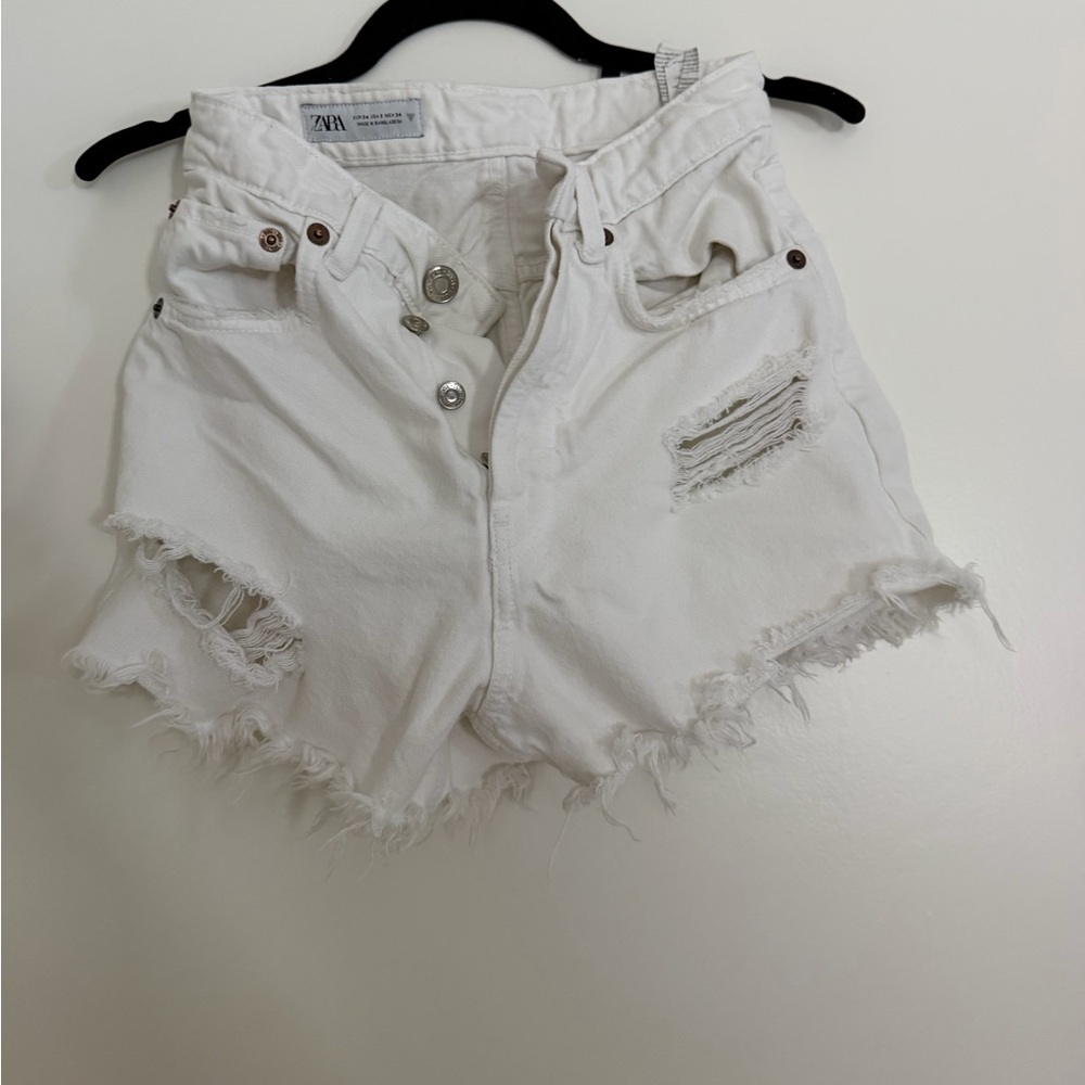 Zara White Distressed Cutoff Denim Shorts